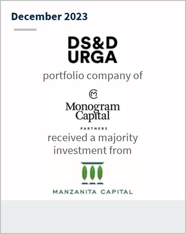 December 2023 DS & Durga A portfolio company of Monogram Capital Has received a majority investment from Manzanita Capital
