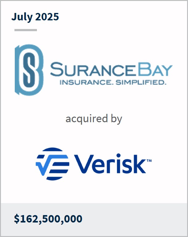 July 2025 SuranceBay Insurance.Simplified. acquired by Verisk $162,500,000