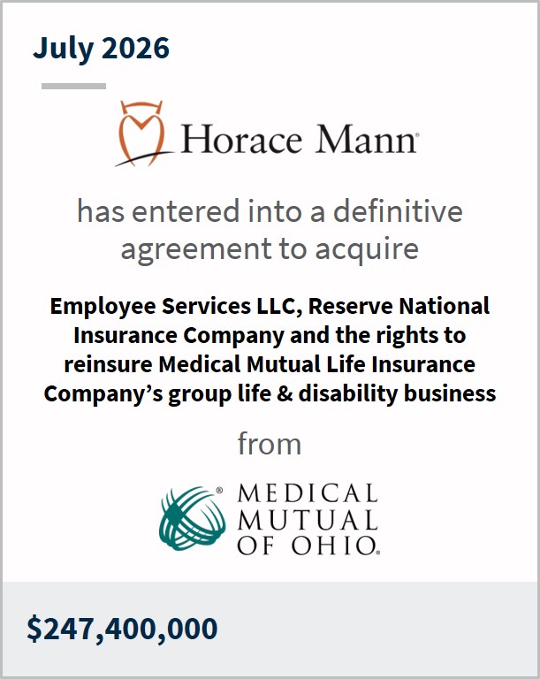 July 2026 Horace Mann has entered into a definitive agreement to acquire Employee Services LLC, Reserve National Insurance Company and the rights to reinsure Medical Mutual Life Insurance Company's group life & disability business from Medical Mutual of Ohio $247,400,000