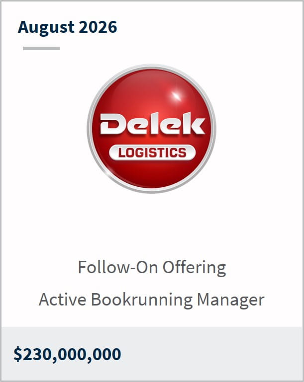 August 2026 Delek Logistics Follow-On Offering Active Bookrunning Manager $230,000,000